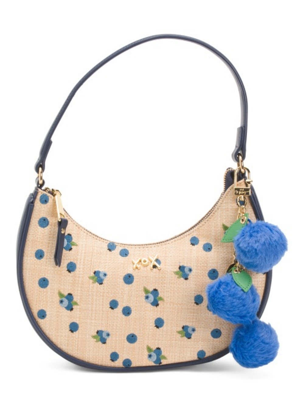 Betsey Johnson Beige & Blue Floral Pom-Pom Shoulder Bag
